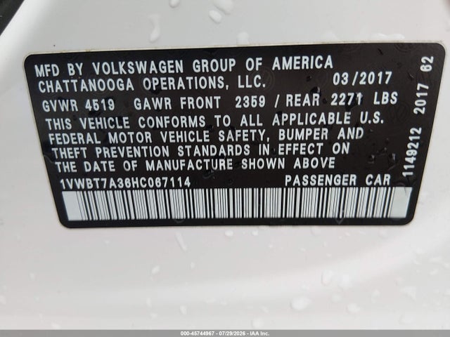 Auction sale of the 2017 Volkswagen Passat 1.8t Se, vin: 1VWBT7A36HC067114, lot number: 45744967
