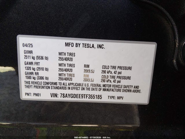 Aukcja sprzedaży 2026 Tesla Model Y All-wheel Drive/long Range Launch Series/premium All-wheel Drive, vin: 7SAYGDEE9TF355185, numer aukcji: 45744982