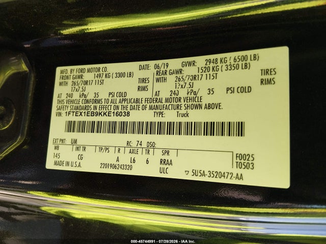 Ford F-150 Xl 2019 1FTEX1EB9KKE16038 Image 9
