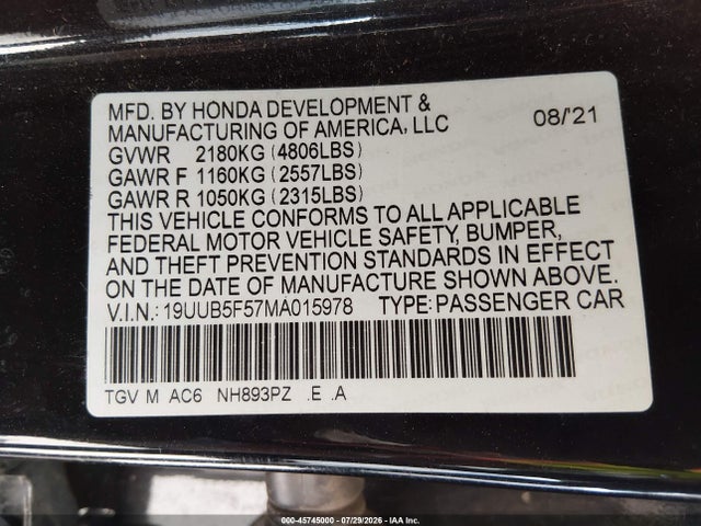 2021 Acura Tlx A-spec Package მანქანა იყიდება აუქციონზე, vin: 19UUB5F57MA015978, აუქციონის ნომერი: 45745000