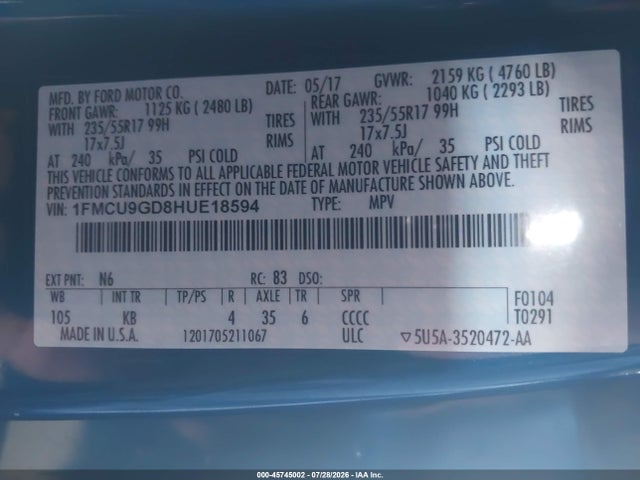 Aukcja sprzedaży 2017 Ford Escape Se, vin: 1FMCU9GD8HUE18594, numer aukcji: 45745002