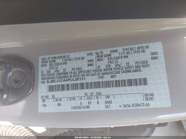 2023 Lincoln Corsair Standard მანქანა იყიდება აუქციონზე, vin: 5LMCJ1CA4PUL05131, აუქციონის ნომერი: 45745004
