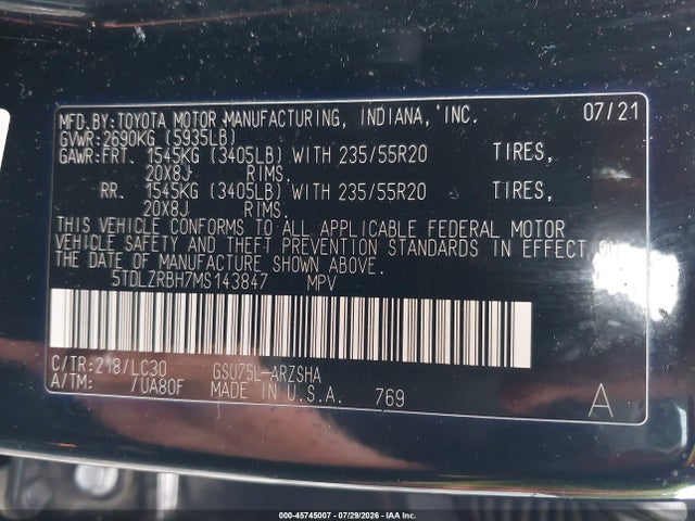 Продаж на аукціоні авто 2021 Toyota Highlander Xse, vin: 5TDLZRBH7MS143847, номер лоту: 45745007