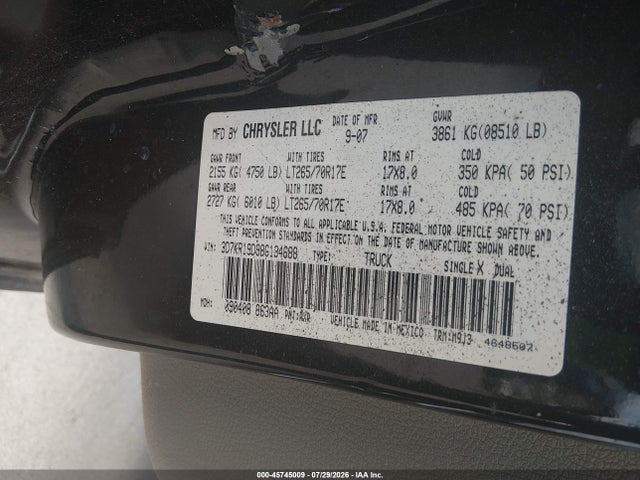 Продаж на аукціоні авто 2008 Dodge Ram 1500 Sxt/slt, vin: 3D7KR19D98G134688, номер лоту: 45745009