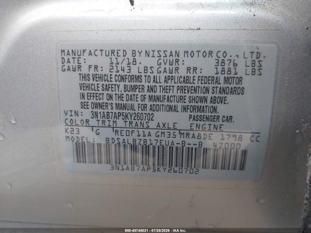 Aukcja sprzedaży 2019 Nissan Sentra S, vin: 3N1AB7AP5KY260702, numer aukcji: 45745021