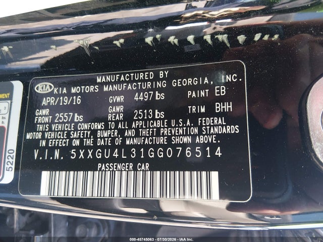 45745063 :رقم المزاد ، 5XXGU4L31GG076514 vin ، 2016 Kia Optima Ex مزاد بيع