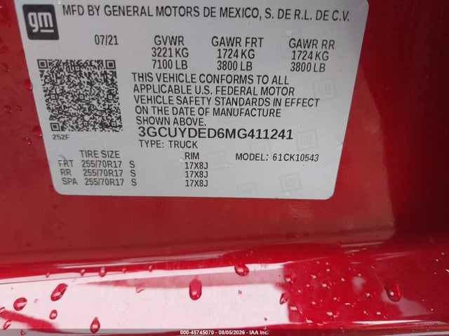 Aukcja sprzedaży 2021 Chevrolet Silverado 1500 4wd  Short Bed Lt, vin: 3GCUYDED6MG411241, numer aukcji: 45745070