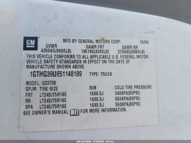 Aukcja sprzedaży 2005 Gmc Savana Cargo Van Standard, vin: 1GTHG39U651148189, numer aukcji: 45745080