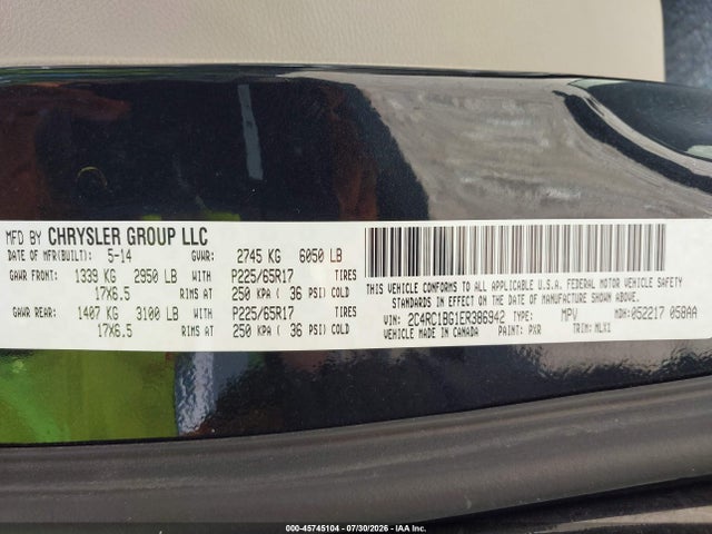 2014 Chrysler Town & Country Touring მანქანა იყიდება აუქციონზე, vin: 2C4RC1BG1ER386942, აუქციონის ნომერი: 45745104