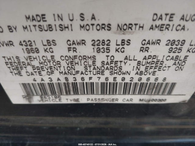 2006 Mitsubishi Galant Es/se მანქანა იყიდება აუქციონზე, vin: 4A3AB36F76E020668, აუქციონის ნომერი: 45745122