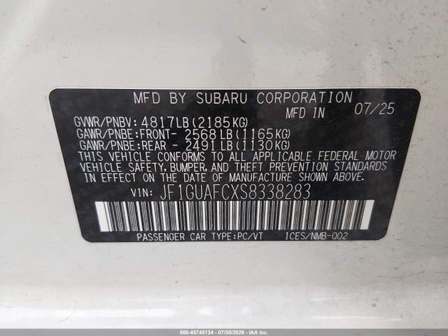 Aukcja sprzedaży 2025 Subaru Impreza Sport 5-door, vin: JF1GUAFCXS8338283, numer aukcji: 45745134