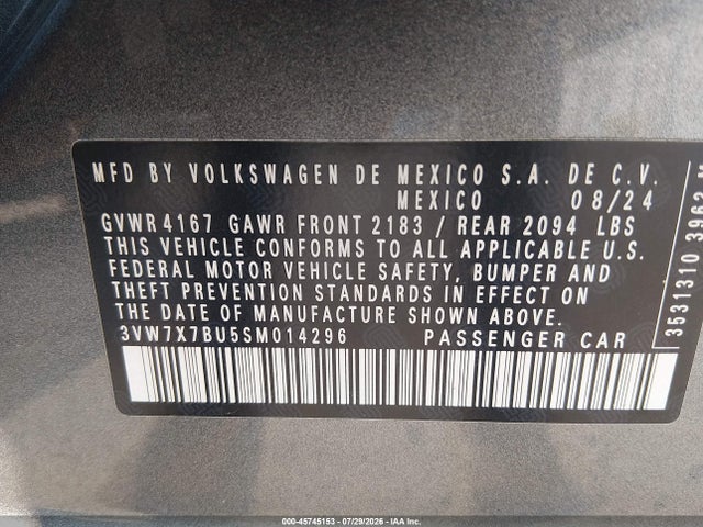 45745153 :رقم المزاد ، 3VW7X7BU5SM014296 vin ، 2025 Volkswagen Jetta 1.5t Se مزاد بيع