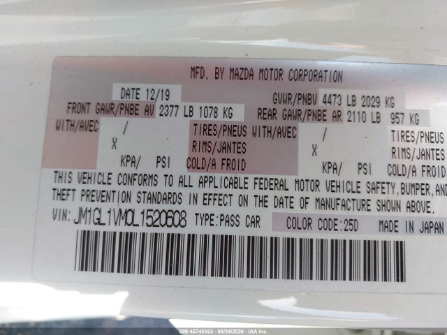 2020 Mazda Mazda6 Touring მანქანა იყიდება აუქციონზე, vin: JM1GL1VM0L1520608, აუქციონის ნომერი: 45745163