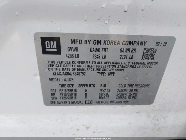 2018 Buick Encore Preferred მანქანა იყიდება აუქციონზე, vin: KL4CJASB4JB640792, აუქციონის ნომერი: 45745174