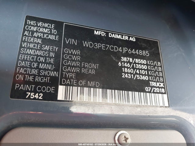 Auction sale of the 2018 Mercedes-benz Sprinter 2500 Standard Roof V6, vin: WD3PE7CD4JP644885, lot number: 45745182