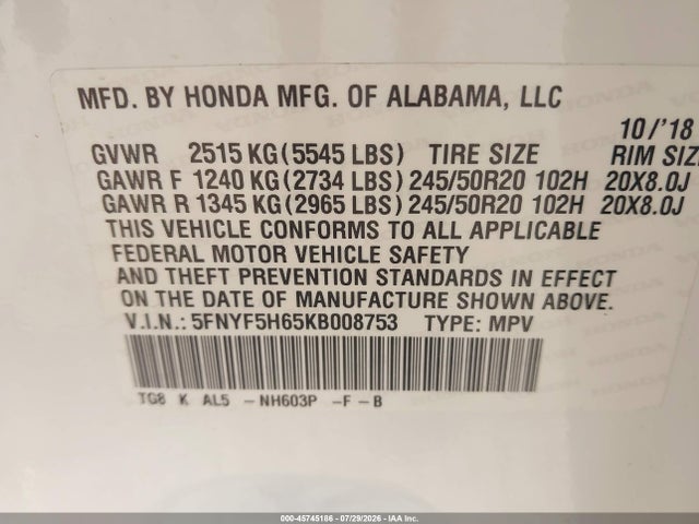 Honda Pilot Touring 2019 5FNYF5H65KB008753 Image 9