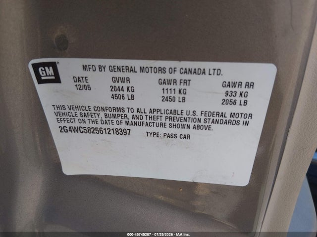 2006 Buick Lacrosse Cx მანქანა იყიდება აუქციონზე, vin: 2G4WC582561218397, აუქციონის ნომერი: 45745207