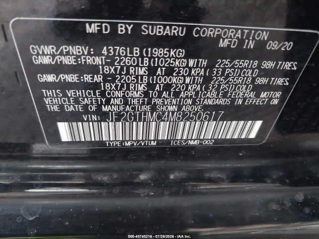 Aukcja sprzedaży 2021 Subaru Crosstrek Limited, vin: JF2GTHMC4M8250617, numer aukcji: 45745216