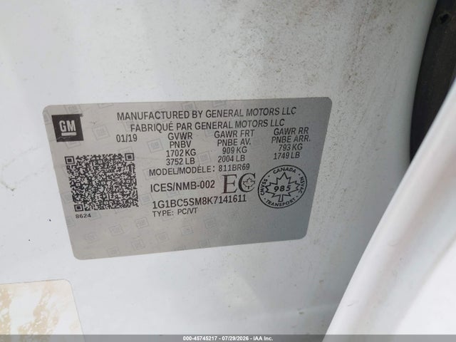 Aukcja sprzedaży 2019 Chevrolet Cruze Ls, vin: 1G1BC5SM8K7141611, numer aukcji: 45745217