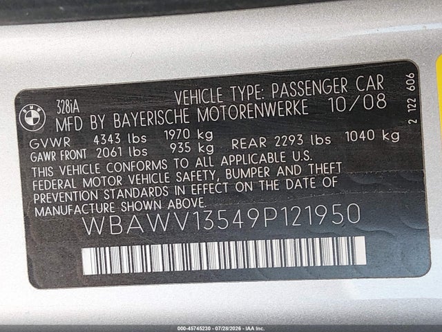 Продажа на аукционе авто 2009 Bmw 328i, vin: WBAWV13549P121950, номер лота: 45745230