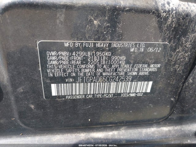 Продаж на аукціоні авто 2012 Subaru Impreza 2.0i Premium, vin: JF1GPAD65CG242539, номер лоту: 45745234