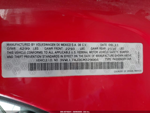 45745241 :رقم المزاد ، 3VWLL7AJ3CM329066 vin ، 2012 Volkswagen Jetta 2.0l Tdi مزاد بيع
