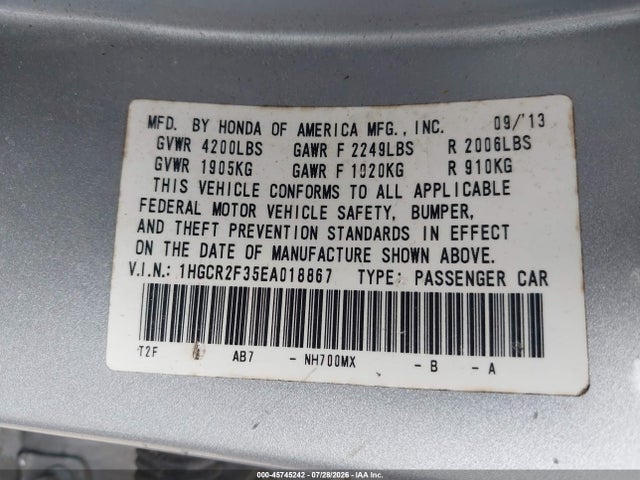 45745242 :رقم المزاد ، 1HGCR2F35EA018867 vin ، 2014 Honda Accord Lx مزاد بيع