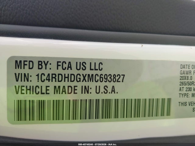 45745245 :رقم المزاد ، 1C4RDHDGXMC693827 vin ، 2021 Dodge Durango Gt Plus Rwd مزاد بيع