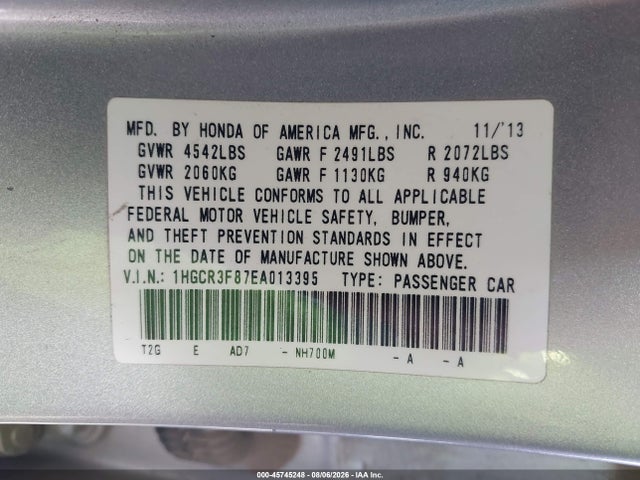 Aukcja sprzedaży 2014 Honda Accord Ex-l V-6, vin: 1HGCR3F87EA013395, numer aukcji: 45745248