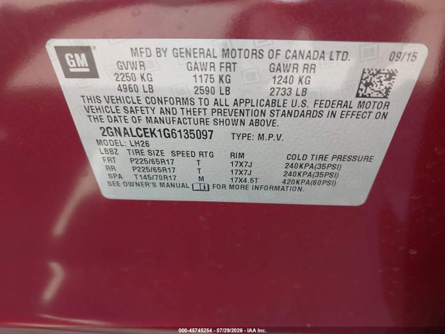 Продаж на аукціоні авто 2016 Chevrolet Equinox Lt, vin: 2GNALCEK1G6135097, номер лоту: 45745254
