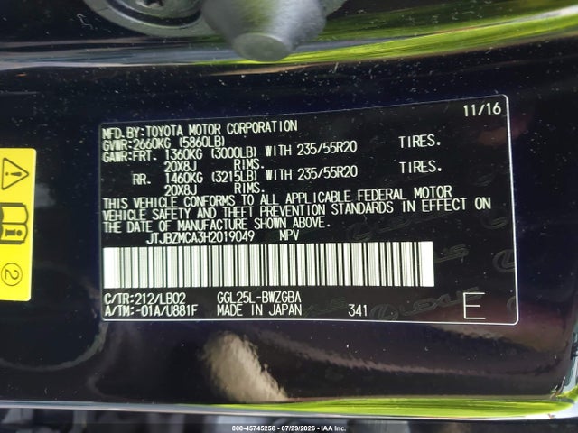 45745258 :رقم المزاد ، JTJBZMCA3H2019049 vin ، 2017 Lexus Rx 350 مزاد بيع
