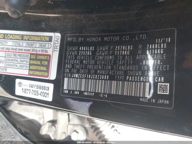 JHMZC5F10JC023689 Honda CLARITY PLUG-IN HYBRID