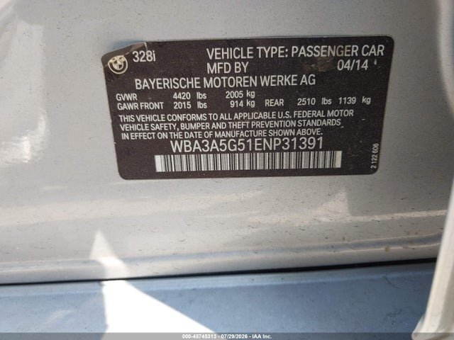 45745313 :رقم المزاد ، WBA3A5G51ENP31391 vin ، 2014 Bmw 328i مزاد بيع