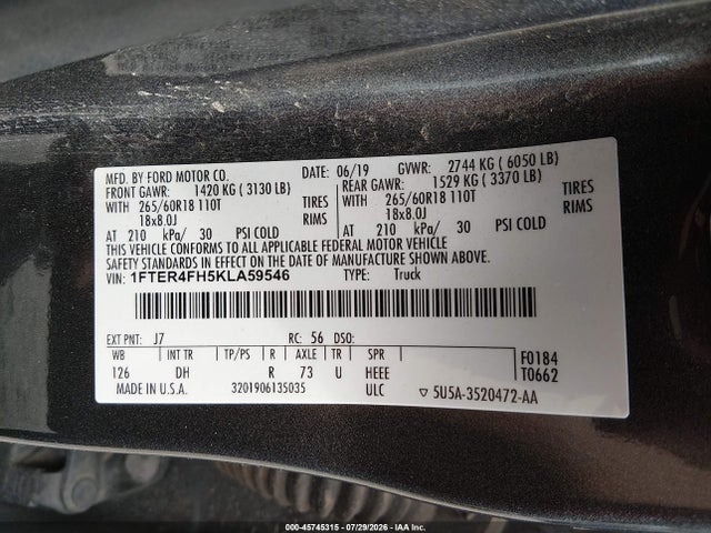 Ford Ranger Lariat 2019 1FTER4FH5KLA59546 Image 9