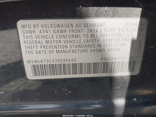 2007 Volkswagen Passat 2.0t მანქანა იყიდება აუქციონზე, vin: WVWLK73C47E035630, აუქციონის ნომერი: 45745321