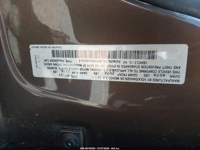 45745325 :رقم المزاد ، 3VW2K7AJ5CM308654 vin ، 2012 Volkswagen Jetta 2.0l S مزاد بيع
