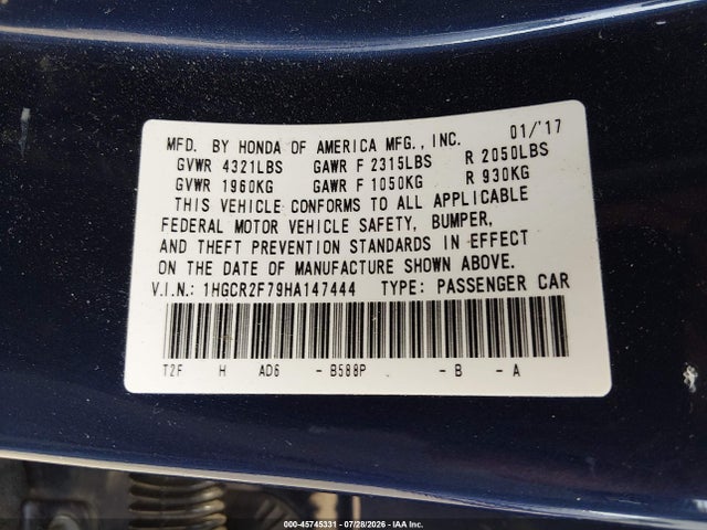 Honda ACCORD EX 2017 1HGCR2F79HA147444 Image 9