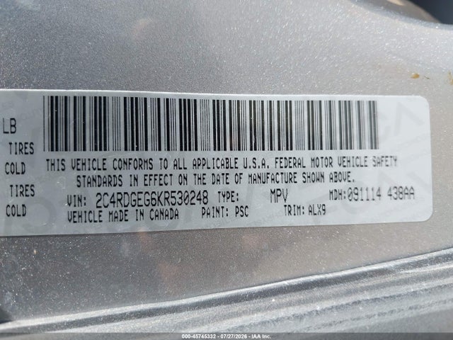 Auction sale of the 2019 Dodge Grand Caravan Gt, vin: 2C4RDGEG6KR530248, lot number: 45745332