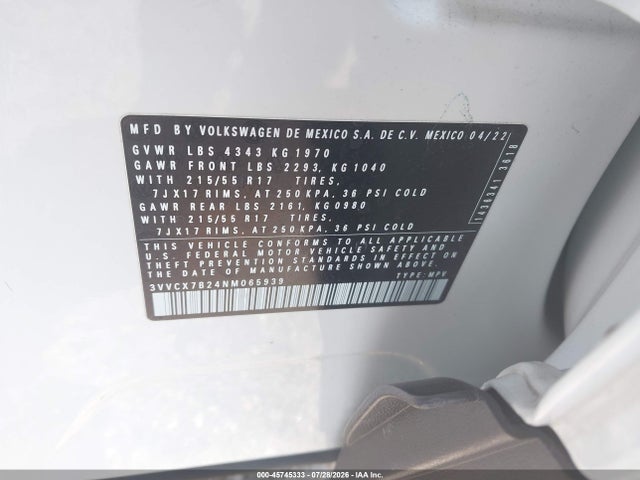 Aukcja sprzedaży 2022 Volkswagen Taos 1.5t S, vin: 3VVCX7B24NM065939, numer aukcji: 45745333