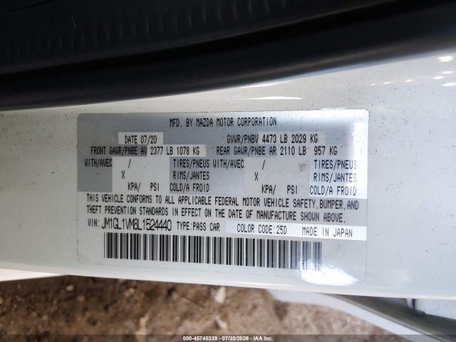 2020 Mazda Mazda6 Touring მანქანა იყიდება აუქციონზე, vin: JM1GL1VM8L1524440, აუქციონის ნომერი: 45745339