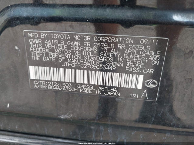 45745348 :رقم المزاد ، JTHCF5C27C5053449 vin ، 2012 Lexus Is 250 مزاد بيع