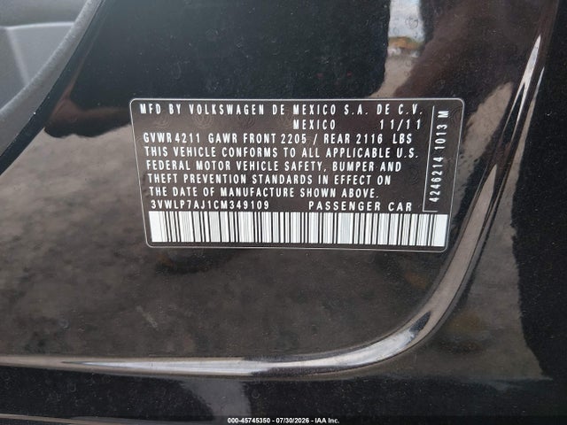 45745350 :رقم المزاد ، 3VWLP7AJ1CM349109 vin ، 2012 Volkswagen Jetta 2.5l Sel مزاد بيع