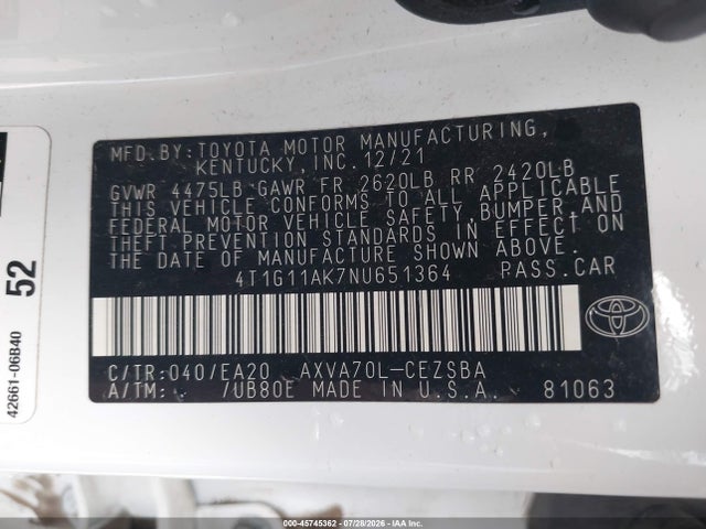 Toyota CAMRY SE 2022 4T1G11AK7NU651364 Image 9