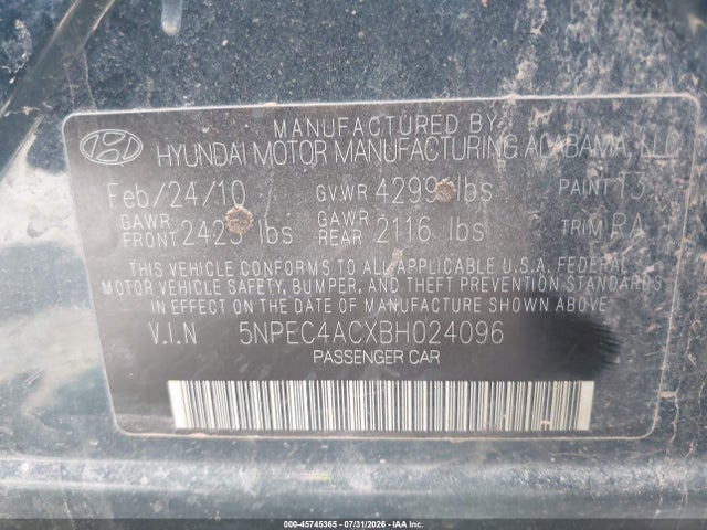 Aukcja sprzedaży 2011 Hyundai Sonata Limited, vin: 5NPEC4ACXBH024096, numer aukcji: 45745365