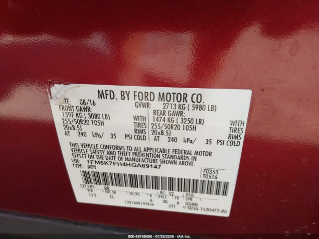 45745400 :رقم المزاد ، 1FM5K7FH4HGA69147 vin ، 2017 Ford Explorer Limited مزاد بيع