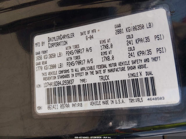 Продажа на аукционе авто 2004 Dodge Ram 1500 St/slt, vin: 1D7HA16D84J293037, номер лота: 45745403