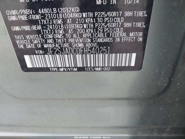 Aukcja sprzedaży 2015 Subaru Forester 2.5i Premium, vin: JF2SJADC0FH540251, numer aukcji: 45745405