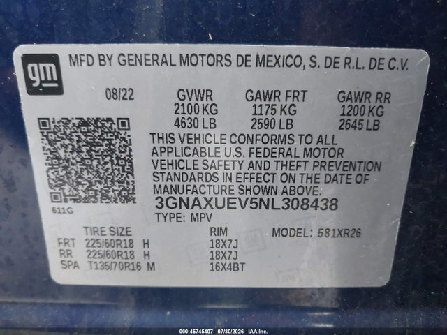 Aukcja sprzedaży 2022 Chevrolet Equinox Awd Lt, vin: 3GNAXUEV5NL308438, numer aukcji: 45745407
