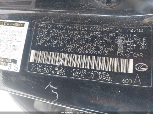 45745415 :رقم المزاد ، JTHBD192440090913 vin ، 2004 Lexus Is 300 Base W/5-speed Manual مزاد بيع