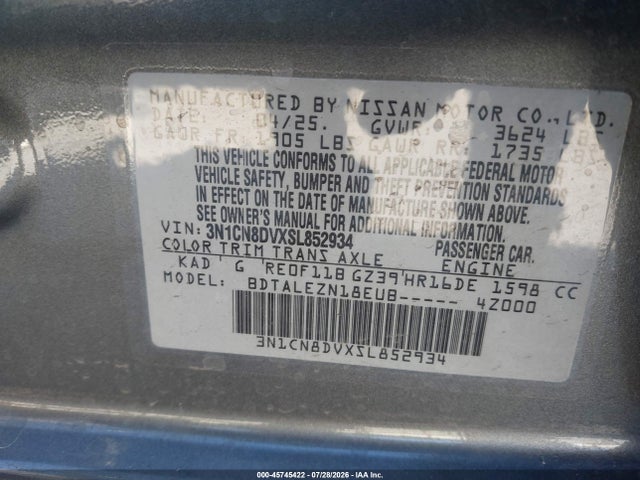 45745422 :رقم المزاد ، 3N1CN8DVXSL852934 vin ، 2025 Nissan Versa 1.6 S مزاد بيع